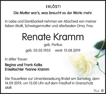 Traueranzeige von Renate Kramm von Mitteldeutsche Zeitung Weißenfels