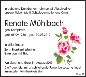 Traueranzeige von Renate Mühlbach von Super Sonntag Zeitz