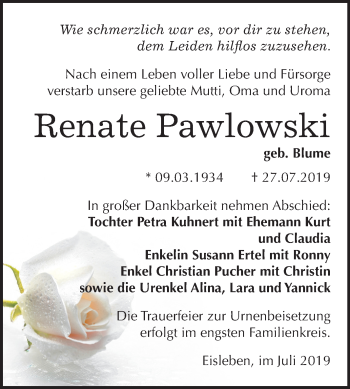 Traueranzeige von Renate Pawlowski von Super Sonntag Mansfelder Land