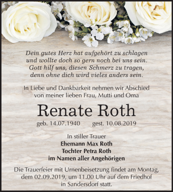 Traueranzeige von Renate Roth von Mitteldeutsche Zeitung Bitterfeld