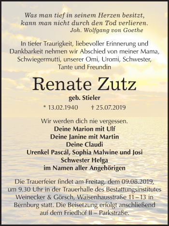 Traueranzeige von Renate Zutz von Mitteldeutsche Zeitung Bernburg