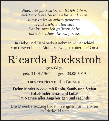 Traueranzeige von Ricarda Rockstroh von Mitteldeutsche Zeitung Sangerhausen