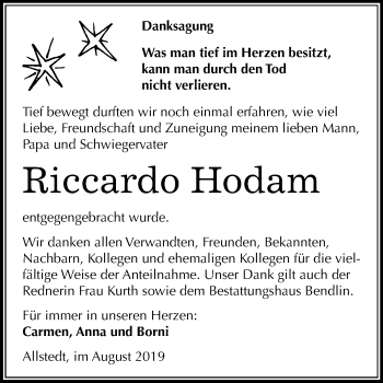 Traueranzeige von Riccardo Hodam von Mitteldeutsche Zeitung Sangerhausen