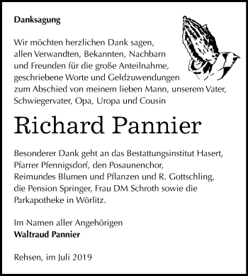 Traueranzeige von Richard Pannier von Super Sonntag Wittenberg