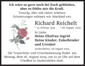 Traueranzeige von Richard Reichelt von Super Sonntag Aschersleben