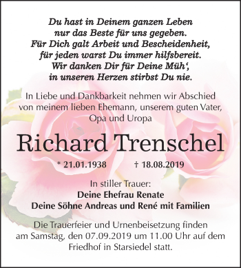 Traueranzeige von Richard Trenschel von Mitteldeutsche Zeitung Weißenfels