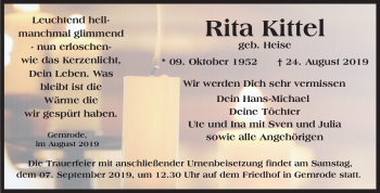 Traueranzeige von Rita Kittel von Mitteldeutsche Zeitung Quedlinburg