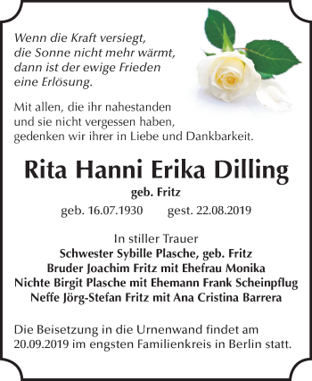 Traueranzeige von Rita Hanni Erika Dilling von Mitteldeutsche Zeitung Dessau-Roßlau