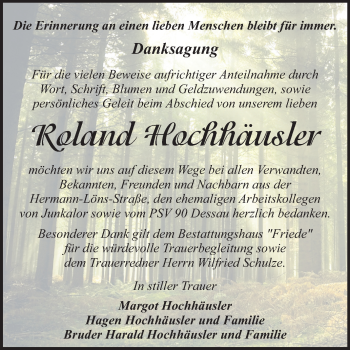 Traueranzeige von Roland Hochhäusler von Mitteldeutsche Zeitung Dessau-Roßlau