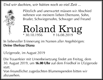 Traueranzeige von Roland Krug von Mitteldeutsche Zeitung Mansfelder Land