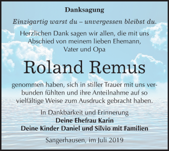 Traueranzeige von Roland Remus von Mitteldeutsche Zeitung Sangerhausen
