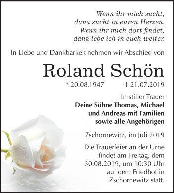 Traueranzeige von Roland Schön von Super Sonntag Wittenberg