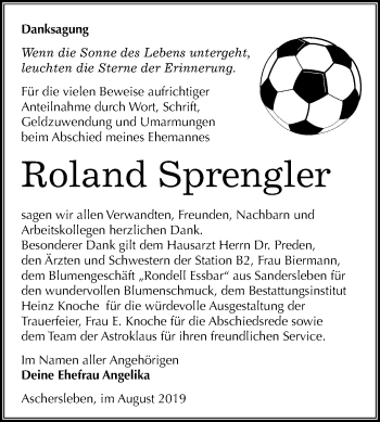 Traueranzeige von Roland Sprengler von Mitteldeutsche Zeitung Aschersleben