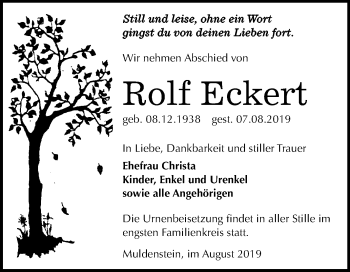 Traueranzeige von Rolf Eckert von Mitteldeutsche Zeitung Bitterfeld