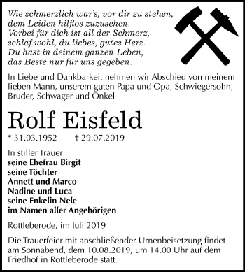 Traueranzeige von Rolf Eisfeld von Mitteldeutsche Zeitung Sangerhausen