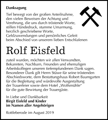 Traueranzeige von Rolf Eisfeld von Super Sonntag Sangerhausen