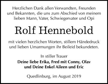 Traueranzeige von Rolf Hennebold von Mitteldeutsche Zeitung Quedlinburg