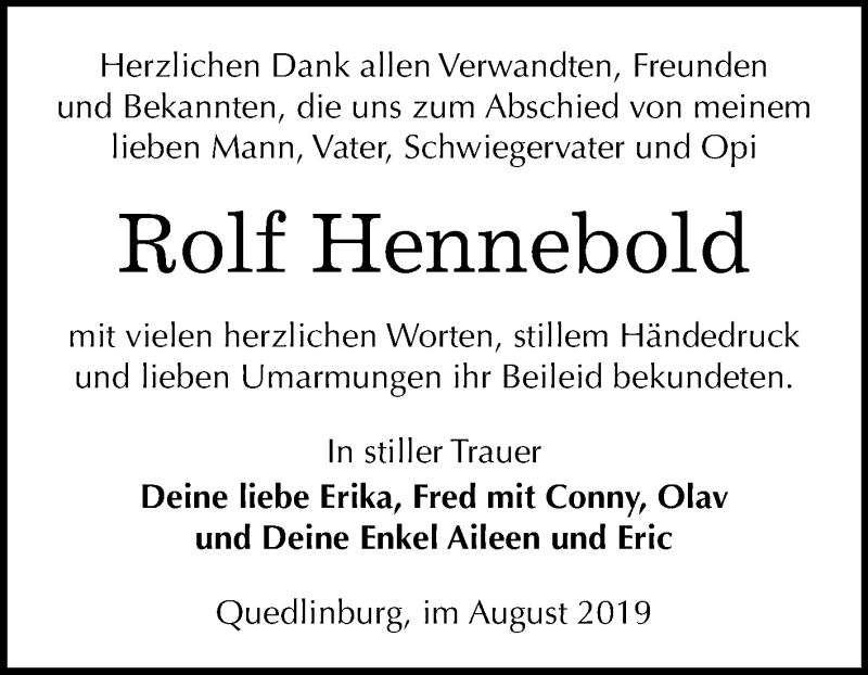  Traueranzeige für Rolf Hennebold vom 24.08.2019 aus Mitteldeutsche Zeitung Quedlinburg