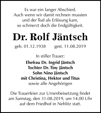 Traueranzeige von Rolf Jäntsch von Mitteldeutsche Zeitung Halle/Saalkreis