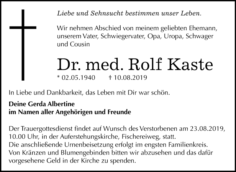  Traueranzeige für Rolf Kaste vom 17.08.2019 aus Super Sonntag Dessau-Roßlau