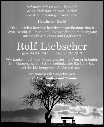 Traueranzeige von Rolf Liebscher von Mitteldeutsche Zeitung Quedlinburg