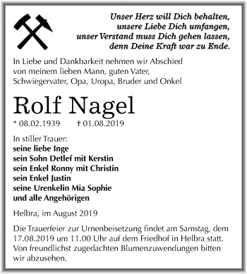 Traueranzeige von Rolf Nagel von Wochenspiegel Mansfelder Land