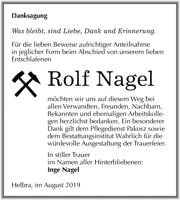 Traueranzeige von Rolf Nagel von Mitteldeutsche Zeitung Mansfelder Land