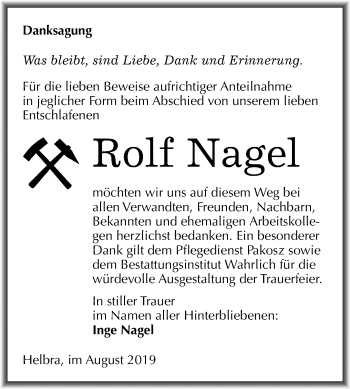 Traueranzeige von Rolf Nagel von Wochenspiegel Mansfelder Land