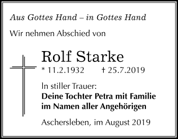 Traueranzeige von Rolf Starke von Mitteldeutsche Zeitung Aschersleben