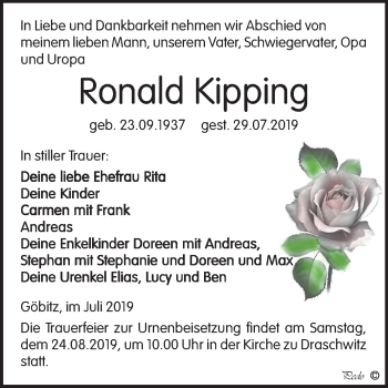 Traueranzeige von Ronald Kipping von Mitteldeutsche Zeitung Zeitz