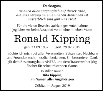Traueranzeige von Ronald Kipping von Super Sonntag Zeitz