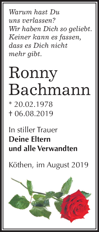 Traueranzeige von Ronny Bachmann von Super Sonntag Köthen