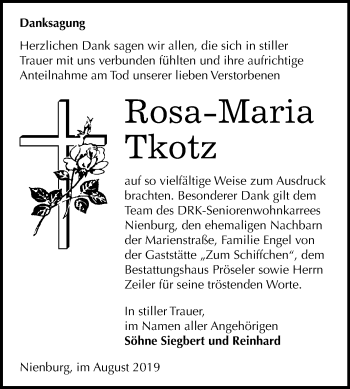Traueranzeige von Rosa-Maria Tkotz von Super Sonntag Bernburg