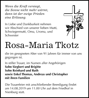 Traueranzeige von Rosa-Maria Tkotz von Mitteldeutsche Zeitung Bernburg