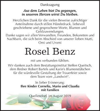 Traueranzeige von Rosel Benz von Mitteldeutsche Zeitung Köthen
