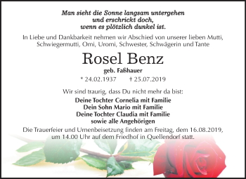 Traueranzeige von Rosel Benz von Super Sonntag Köthen