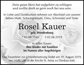 Traueranzeige von Rosel Kauer von Mitteldeutsche Zeitung Halle/Saalkreis