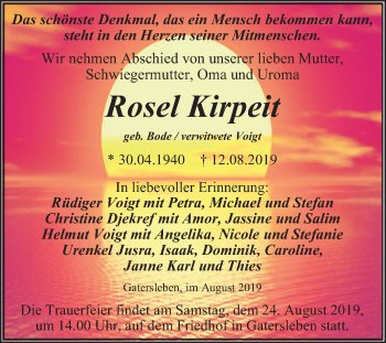Traueranzeige von Rosel Kirpeit von Super Sonntag Aschersleben