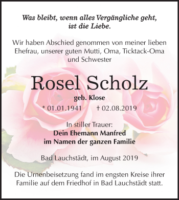 Traueranzeige von Rosel Scholz von Mitteldeutsche Zeitung Merseburg/Querfurt