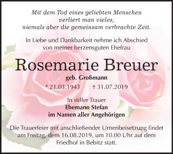 Traueranzeige von Rosemarie Breuer von Super Sonntag Bernburg