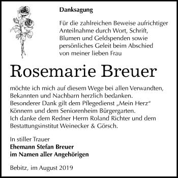 Traueranzeige von Rosemarie Breuer von Super Sonntag Bernburg