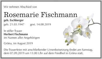Traueranzeige von Rosemarie Fischmann von Mitteldeutsche Zeitung Bernburg