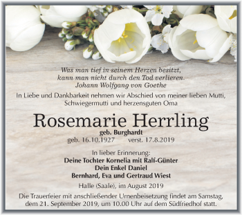 Traueranzeige von Rosemarie Herrling von Mitteldeutsche Zeitung Halle/Saalkreis