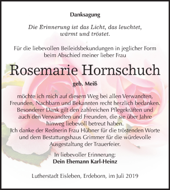Traueranzeige von Rosemarie Hornschuch von Mitteldeutsche Zeitung Mansfelder Land