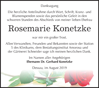 Traueranzeige von Rosemarie Konetzke von Super Sonntag Dessau-Roßlau