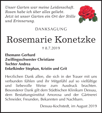 Traueranzeige von Rosemarie Konetzke von Mitteldeutsche Zeitung Dessau-Roßlau