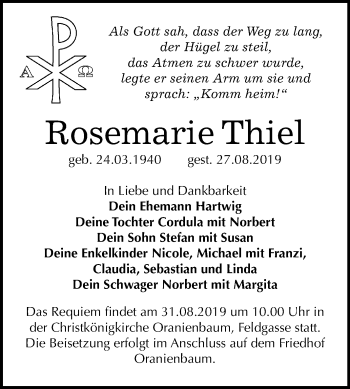 Traueranzeige von Rosemarie Thiel von Mitteldeutsche Zeitung Wittenberg