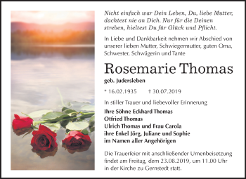 Traueranzeige von Rosemarie Thomas von Mitteldeutsche Zeitung Naumburg/Nebra