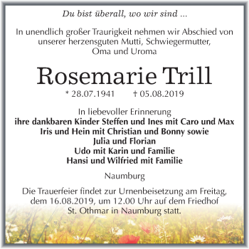 Traueranzeige von Rosemarie Trill von Wochenspiegel Naumburg/Nebra