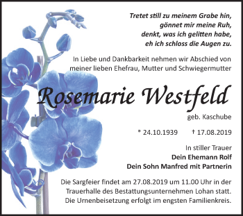 Traueranzeige von Rosemarie Westfeld von Mitteldeutsche Zeitung Bitterfeld